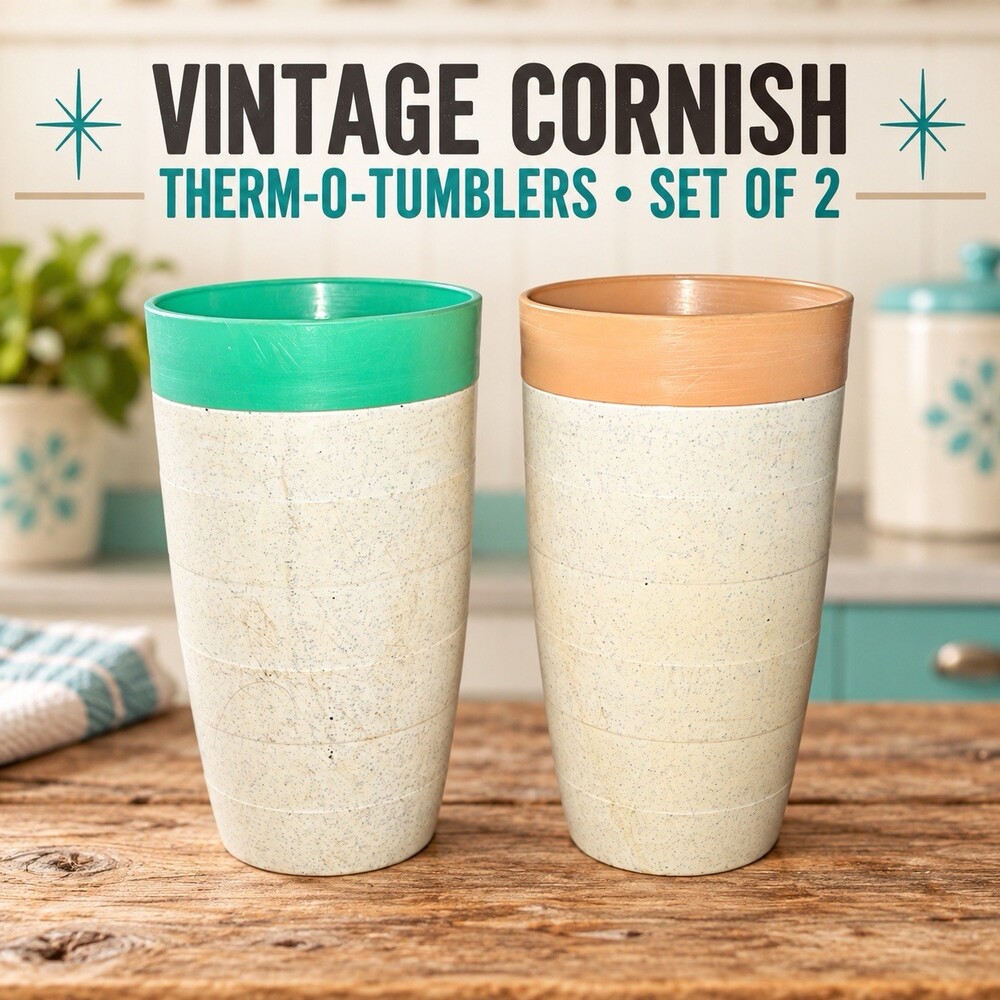 Vintage Cornish Therm-O-Tumbler Cups Set of 2 Speckled MCM Teal Peach Plastic